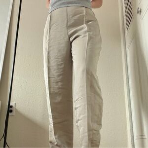 Tan High-Waisted Straight-Leg Linen Pants